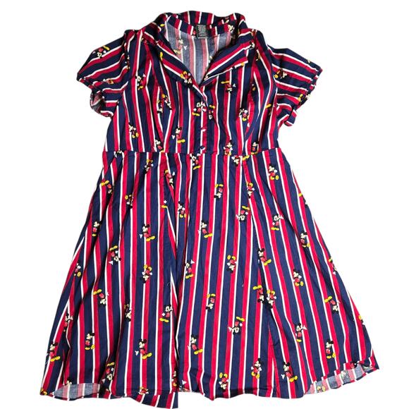 Disney Mickey Mouse Retro Swing Dress - Poplin Striped Red & Blue Size: 24 - Picture 2 of 7